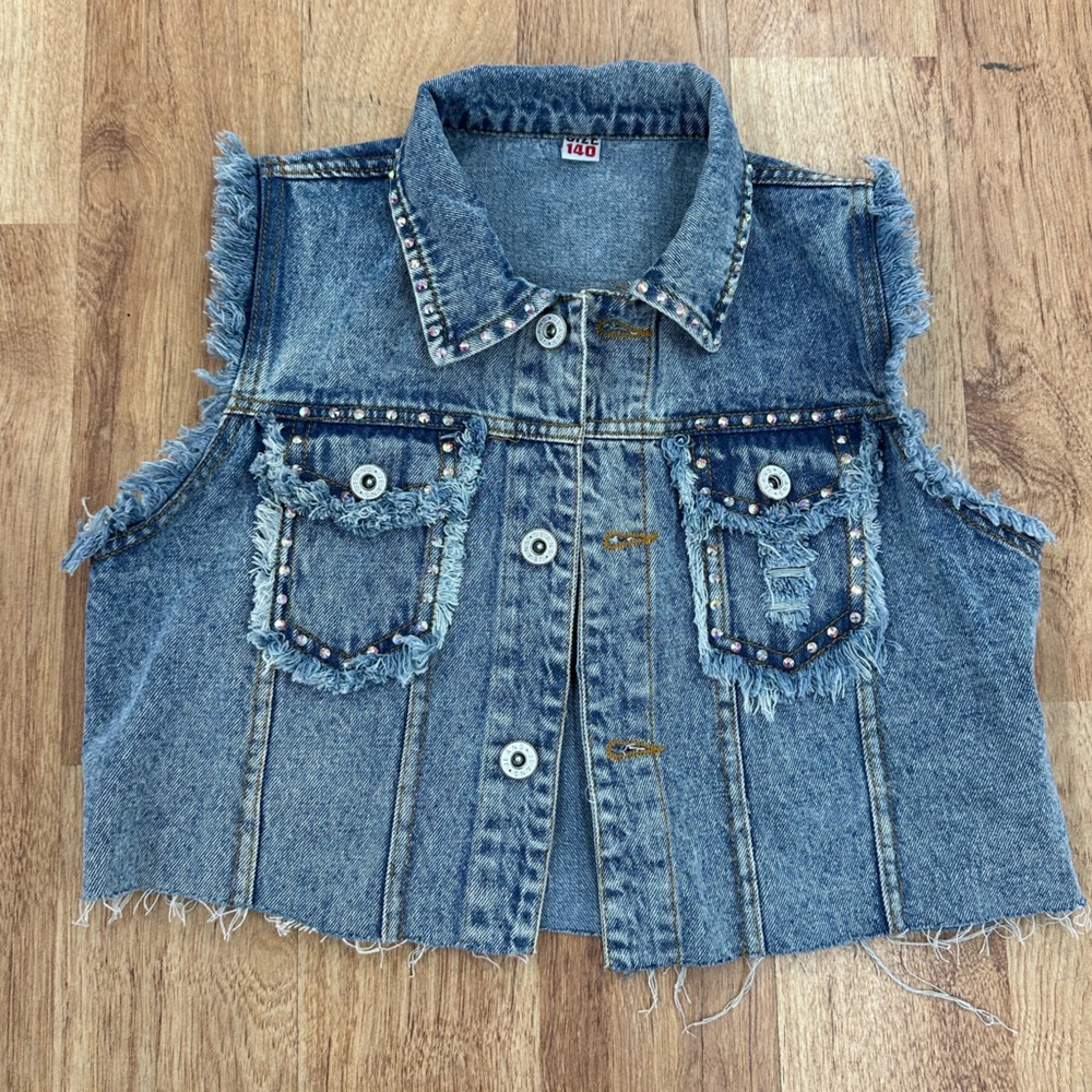 Jeweled Cutoff Blue Jean Vest, Youth Medium